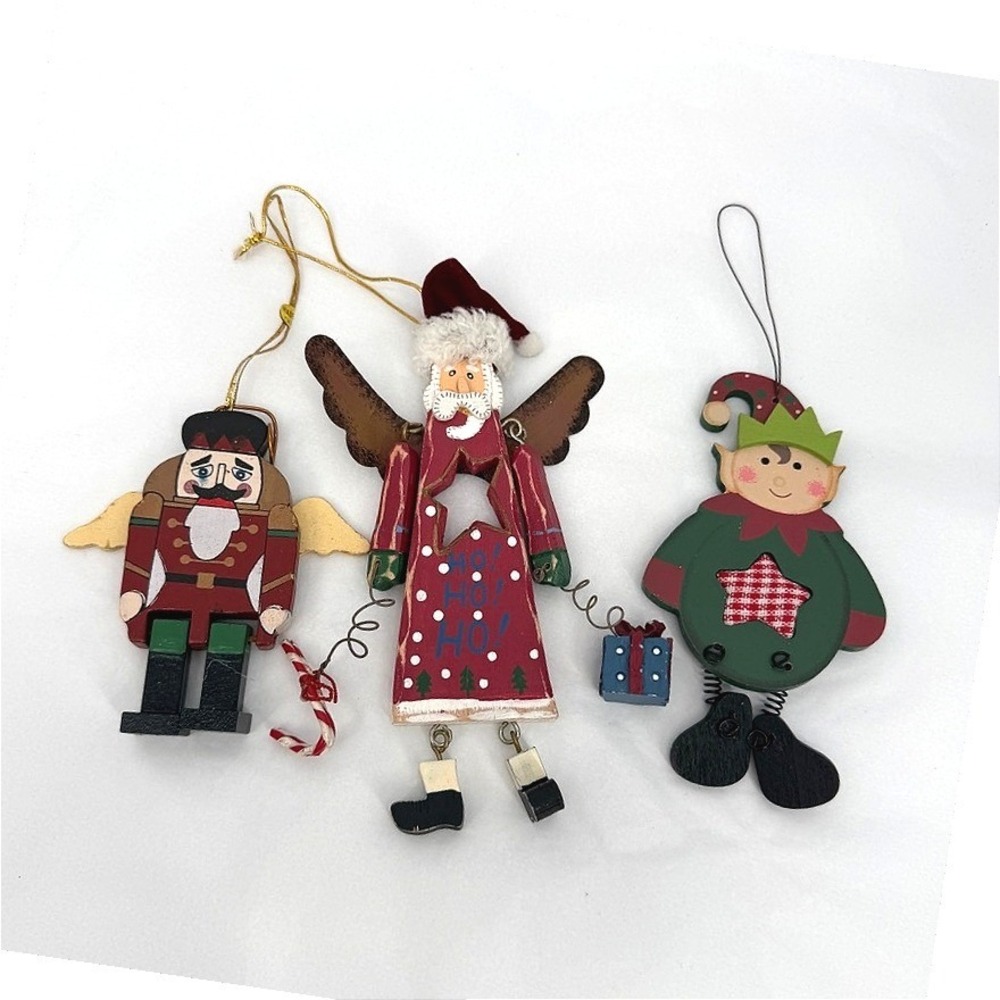 Christmas Ornaments Wood Nutcracker Elf Holiday Decor 3pc Set Movable Parts